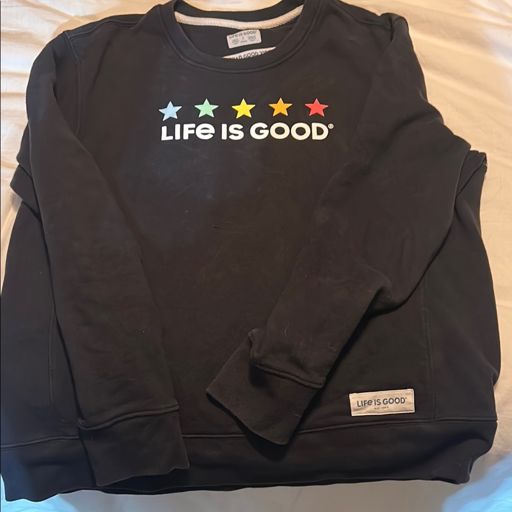 Life Is Good Black Sweatshirt with Colorful Stars